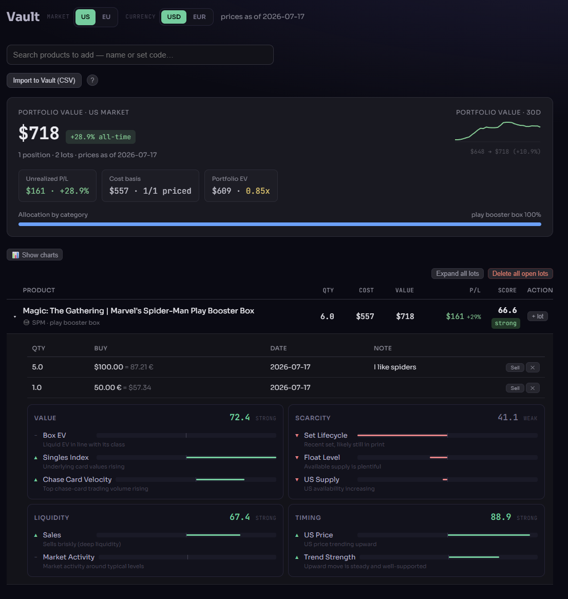 SealedEdge vault — portfolio value, lots with buy prices and FX, P/L and per-position signal pillars